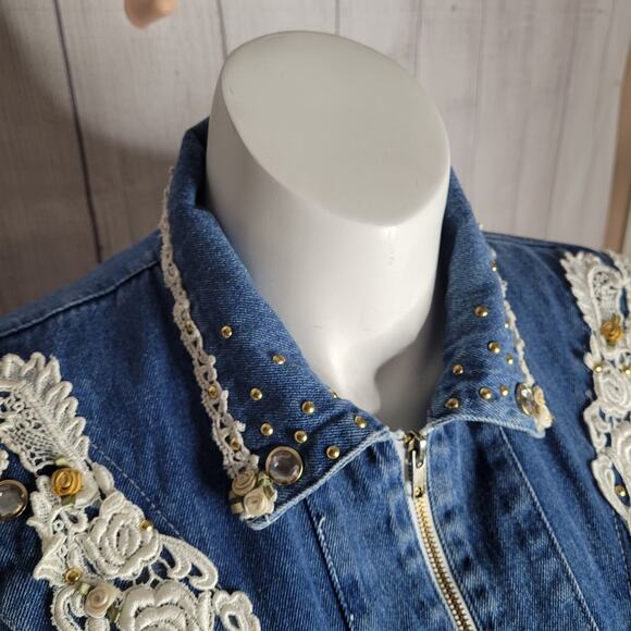 Vintage Floral Embroidered Blue Denim Rodeo Western Rodeo Jacket Womens Size S - Picture 5 of 12
